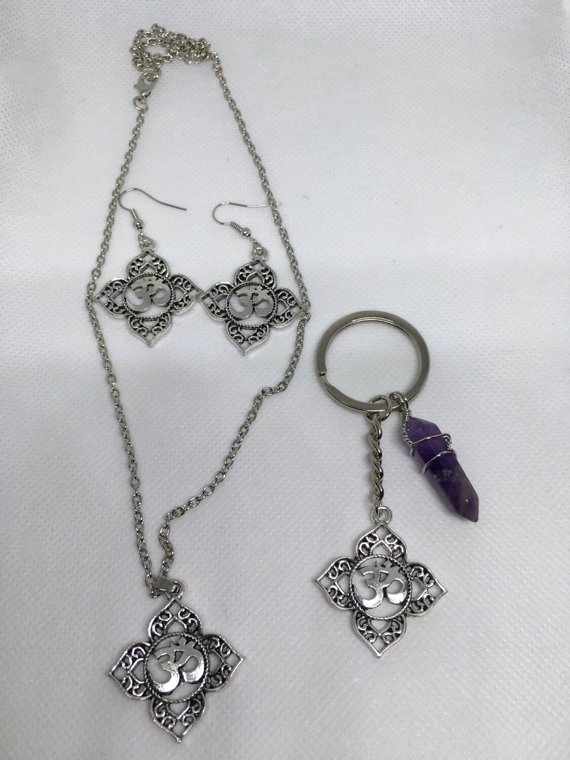 OHM OM AUM Buddha Lotus Necklace, Earring and Key Chain with an Amethyst Stone Set