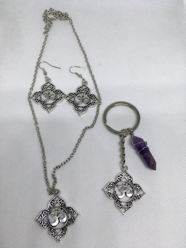 OHM OM AUM Buddha Lotus Necklace, Earring and Key Chain with an Amethyst Stone Set