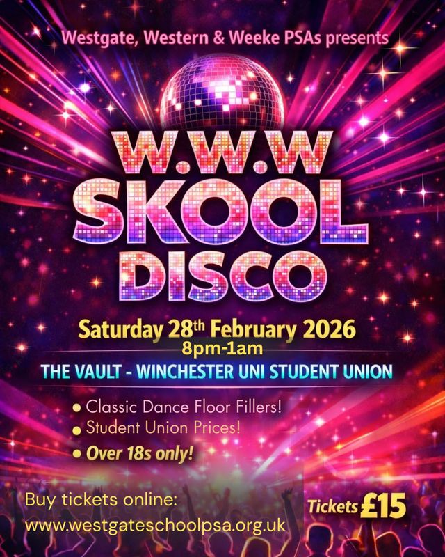 School Disco 28th Feb 2026. Join Weeke And Western Primary Revellers At Winchester Student Uni For Guaranteed Floor Fillers And Student union Prices.