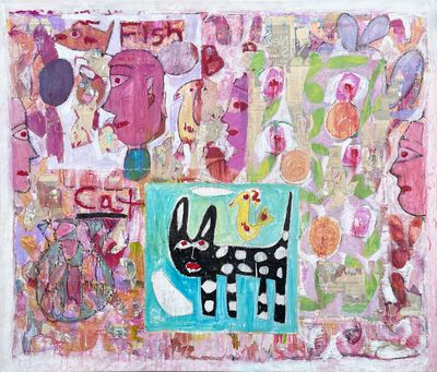 Mark Cherry, "Spotted Cat and Yellow Bird in Blue Square"
