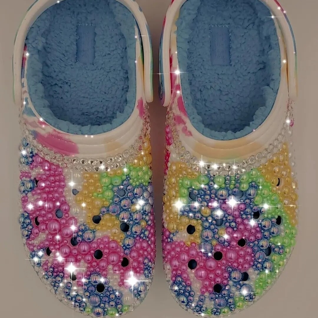 Tie Dye Lined Clog Shoes with Pearl's and Rhinestones ( Bling ) - Kustomized