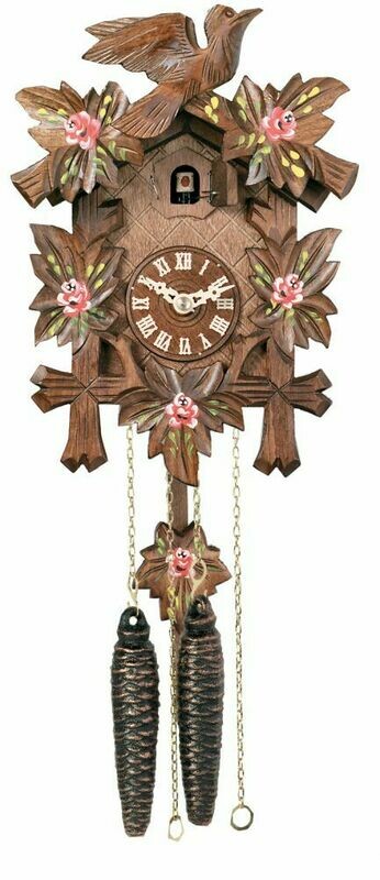9" One Day Hand-Carved Cuckoo Clock with Hand-Painted Flowers, Five Maple Leaves, & One Bird