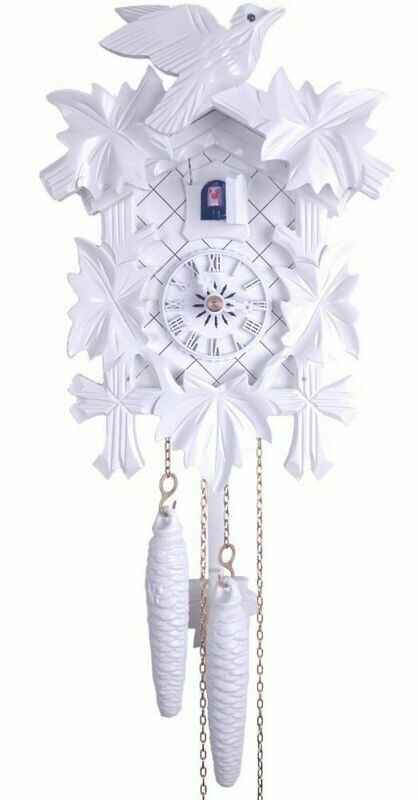 9" One Day Hand-Carved Cuckoo Clock painted all white, Five Maple Leaves, & One Bird