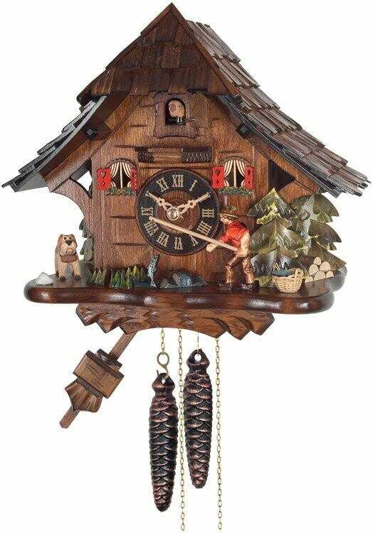 11" One Day Cuckoo Clock Cottage Fisherman Raises Fishing Pole