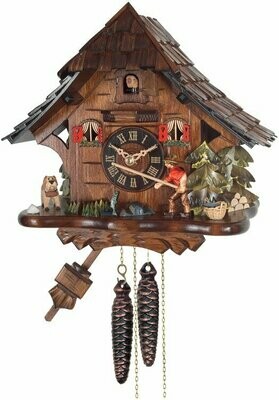 11" One Day Cuckoo Clock Cottage Fisherman Raises Fishing Pole
