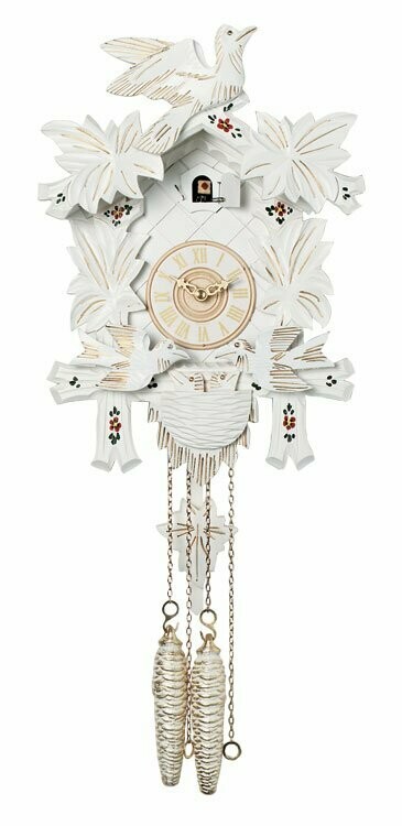 13" One Day Cuckoo Clock with Carved Maple Leaves & Moving Birds - White with Gold Accents