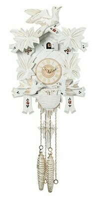 13" One Day Cuckoo Clock with Carved Maple Leaves & Moving Birds - White with Gold Accents