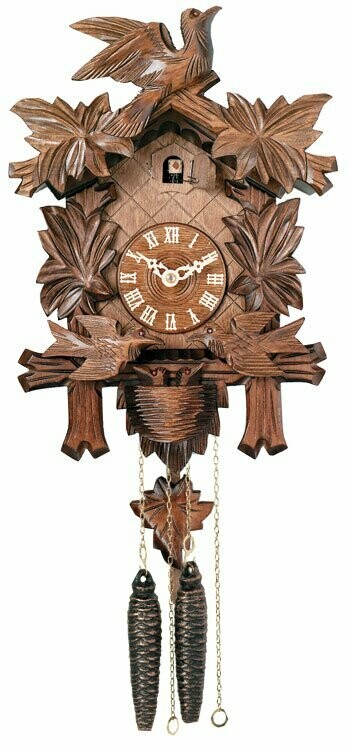 13" One Day Cuckoo Clock with Carved Maple Leaves & Moving Birds