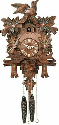 13" One Day Cuckoo Clock with Carved Maple Leaves & Moving Birds - Hand-painted Flowers