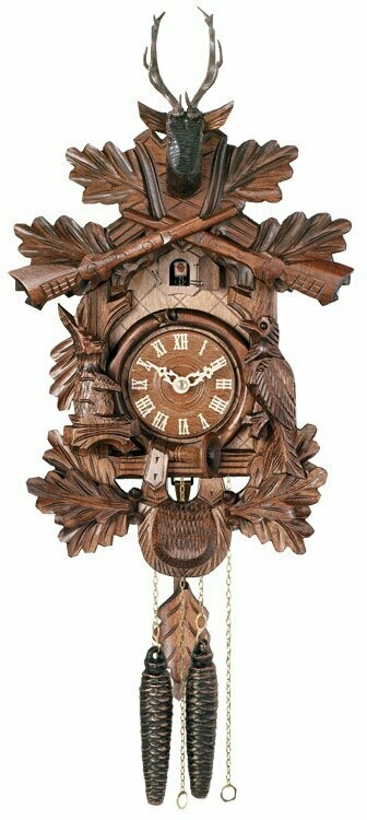 16" One Day Hunter's Cuckoo Clock with Hand-carved Oak Leaves, Animals, Crossed Rifles, and Buck