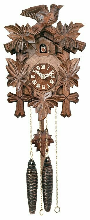 9" One Day Hand-Carved Cuckoo Clock with Five Maple Leaves & One Bird