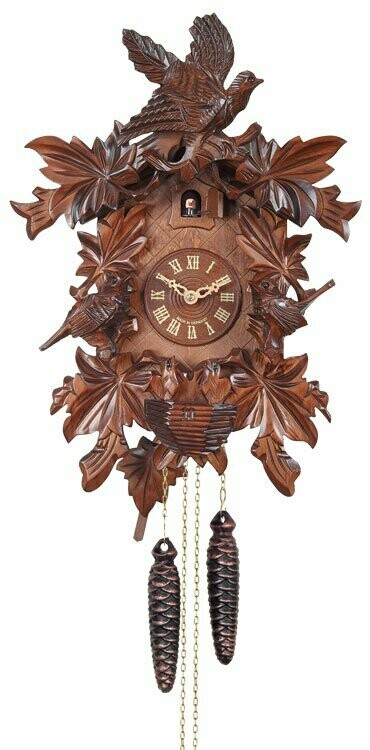 16" One Day Hand-Carved Cuckoo Clock with Seven Maple Leaves, Three Birds, and Nest