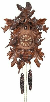 16" One Day Hand-Carved Cuckoo Clock with Seven Maple Leaves, Three Birds, and Nest