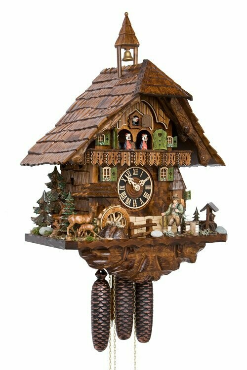 21" Eight Day Musical Cuckoo Chalet Moving Hunter  w/ waterwheel and laid shingled roof