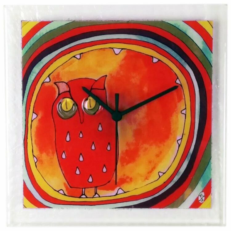 10" Square Glass Art Clock with Owl