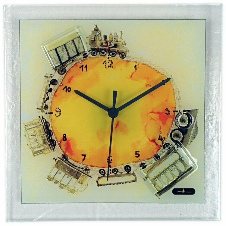 10" Square Glass Art Clock with Train