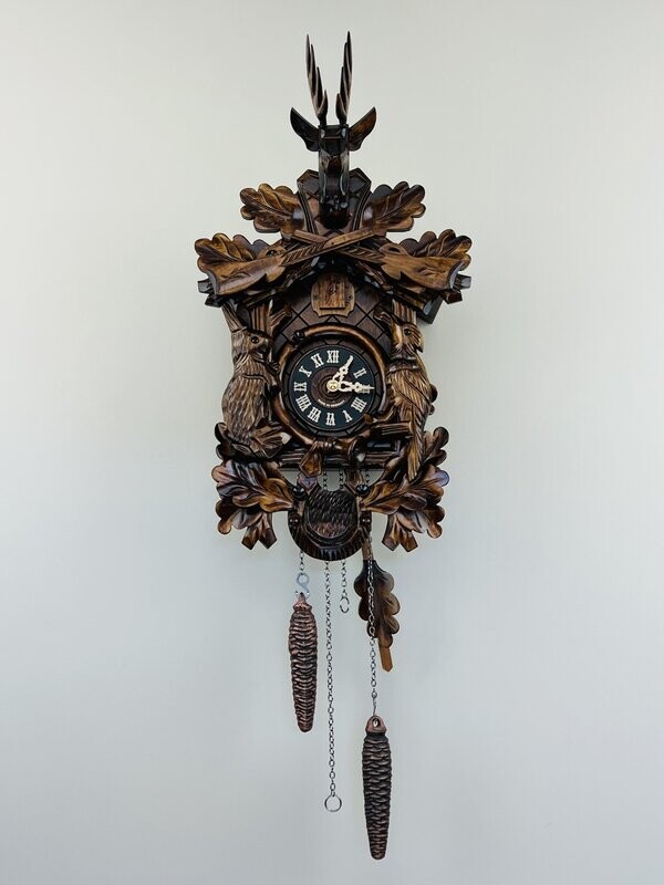 16" Hunter's Cuckoo Clock with Hand-carved Oak Leaves, Bunny, Bird, and Crossed Rifles, and Buck