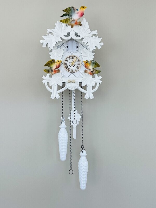 10" White 12 Melody Cuckoo Clock with Painted Birds