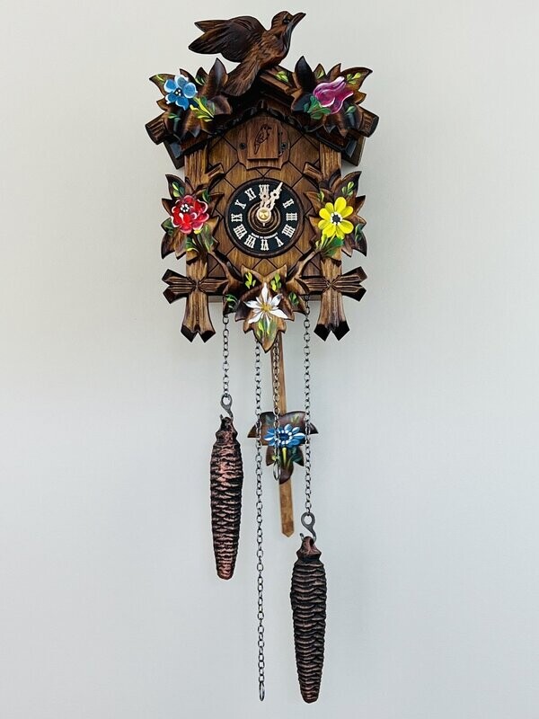9" Painted 12 Melody Quartz Cuckoo Clock with Five Leaves & Bird