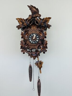 15" Aesop's Fable Cuckoo Clock with Hand-carved Maple Leaves, Grapes, Bird, and Fox
