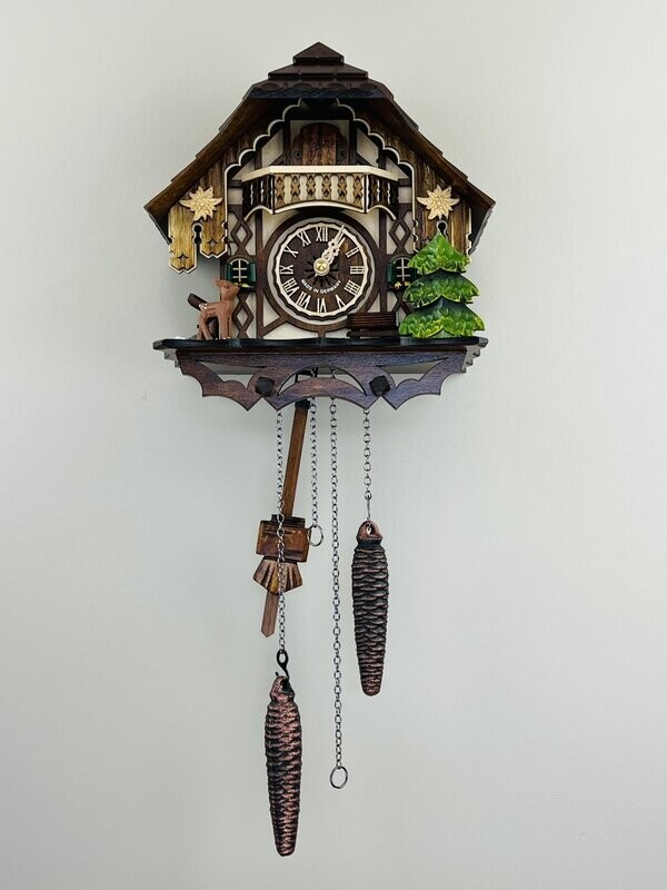 10" Musical Cuckoo Clock Cottage with Deer, Water Pump, and Tree