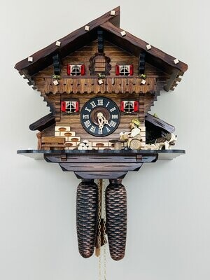 12" Eight Day Chalet Cuckoo Clock with Carved Deer, Dog, and Beer Drinker Drinking Beer