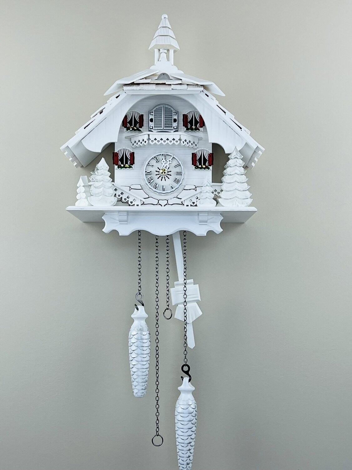 13" White Cottage with Pine Trees and Silver Accents