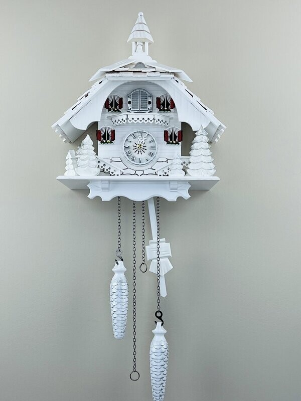 13" White Cottage with Pine Trees and Silver Accents