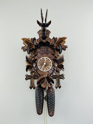 15" Eight Day Hunter's Cuckoo Clock with Hand-carved Maple Leaves, Rifles, and Buck