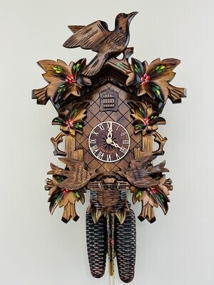 16" Eight Day Cuckoo Clock with Hand-painted Flowers, Leaves, and Animated Birds Feeding Baby Birds