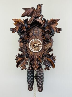 16" Eight Day Cuckoo Clock with Three Hand-carved Birds and Seven Leaves