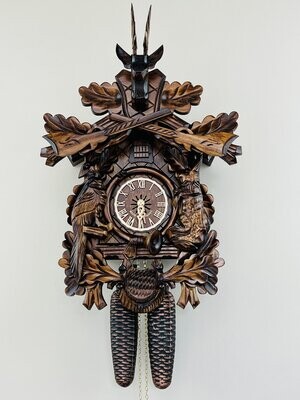 20" Eight Day Hunter's Cuckoo Clock with Hand-carved Oak Leaves, Animals, Rifles, and Buck