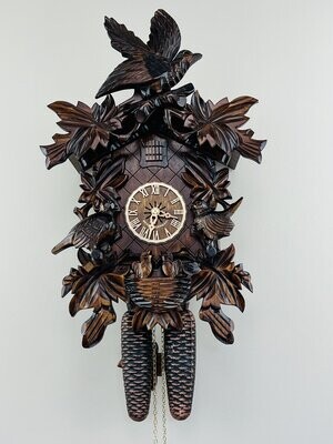 17" Eight Day Cuckoo Clock with Hand-carved Leaves, Birds, and Bird Nest with Chicks