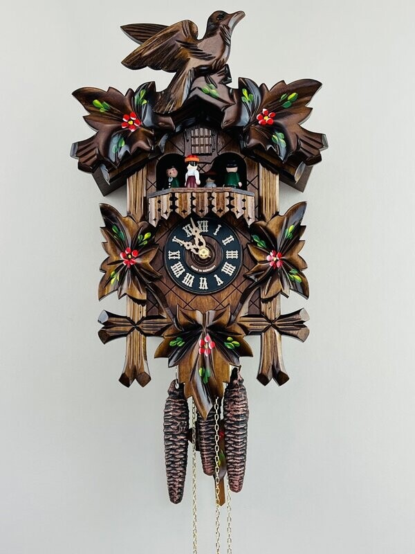 14" One Day Musical Cuckoo Clock with Dancers, Five Hand-carved Maple Leaves,  One Bird, and Hand-Painted Flowers