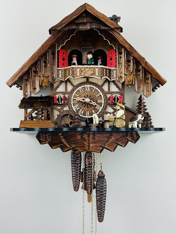 14" One Day Musical Cuckoo Clock Cottage with Beer Drinker, Waterwheel, and Dancers