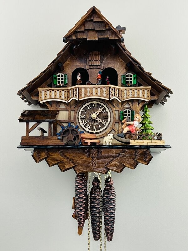 13" One Day Musical Black Forest Cuckoo Clock with Dancers, Waterwheel, and Girl on Rocking Horse