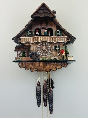 13" One Day Musical Cuckoo Clock Cottage - Fisherman Raises Pole and Moving Waterwheel