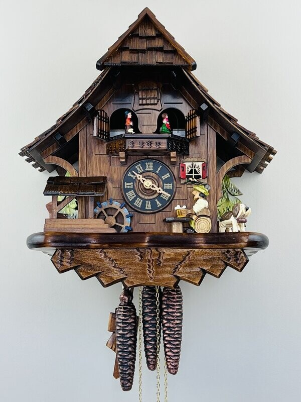 14" One Day Musical Beer Drinker Cuckoo Clock with Moving Waterwheel and Dancers
