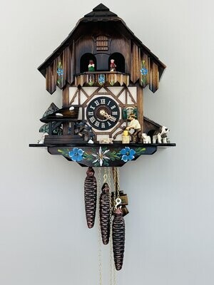 12" One Day Musical Cuckoo Clock Cottage with Dancers, Woodchopper, and Waterwheel