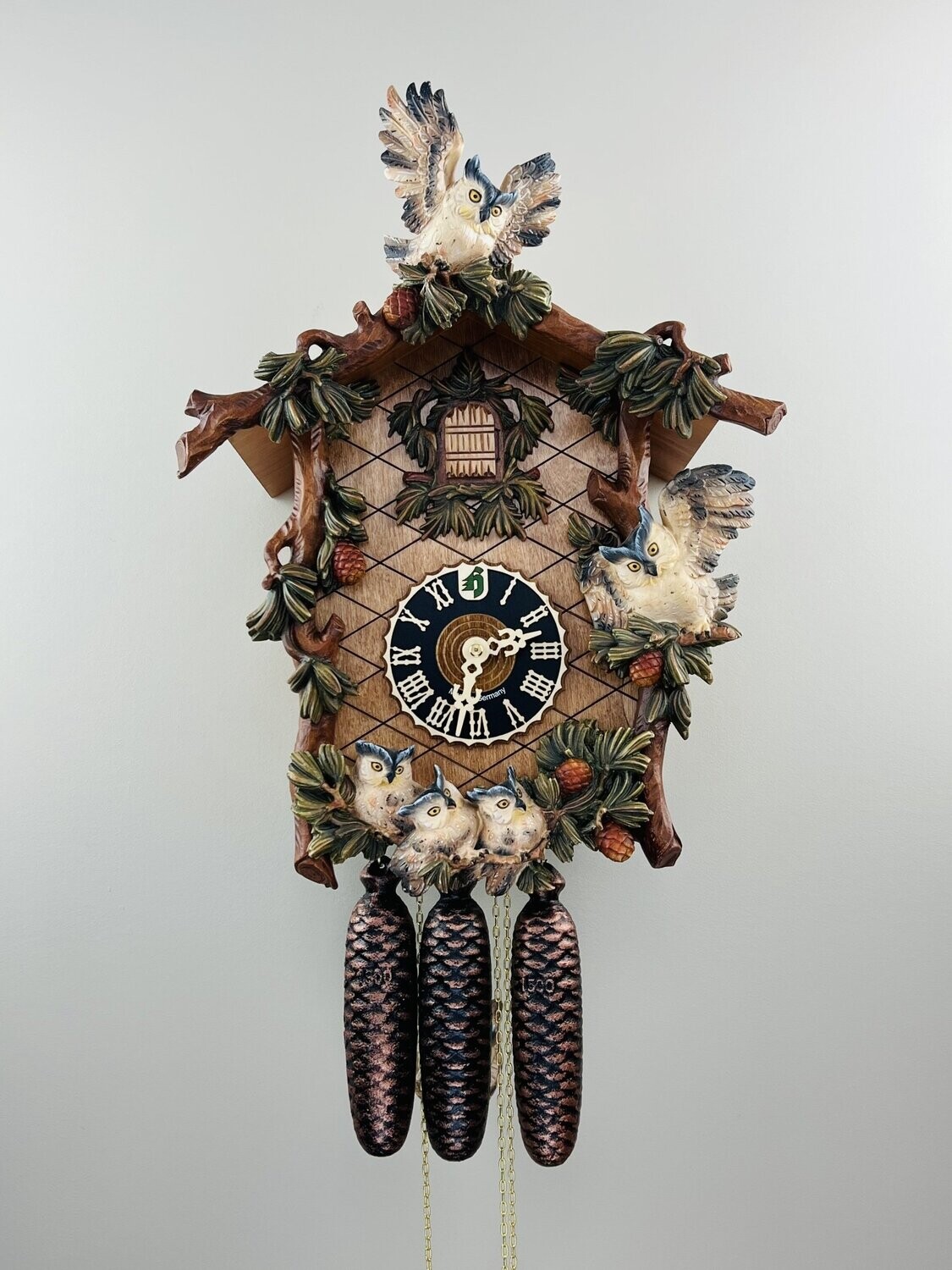 20" Eight Day Musical Cuckoo Clock with Hand  Carved Owls, Pine Needles, Pine Cones and Owl Hoot
