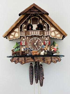 13" One Day Musical Cuckoo Clock Cottage with Boy and Girl on Seesaw