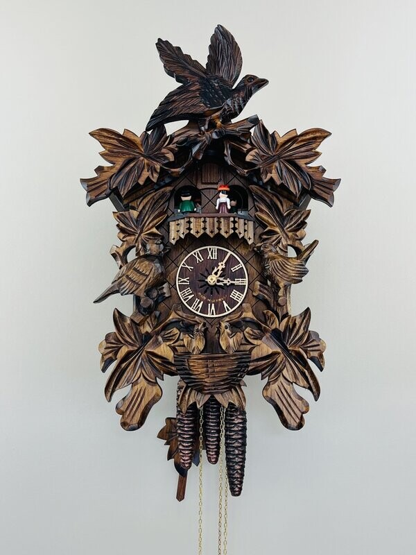18" One Day Musical Cuckoo Clock with Hand-carved Birds, Leaves, and Chicks in Nest