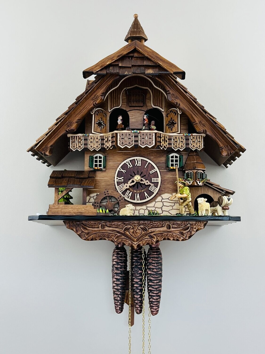 13" One Day Musical Cuckoo Clock with Moving Sheep Herder & Waterwheel