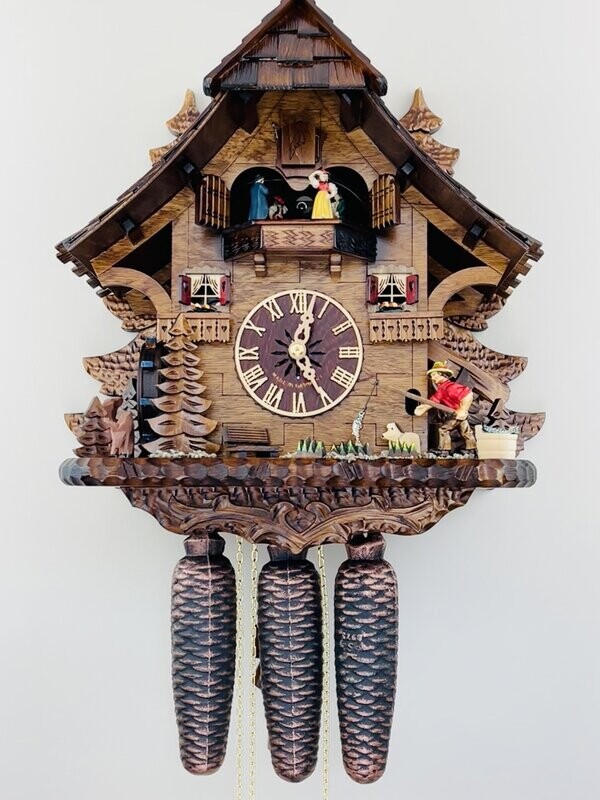 14" Eight Day Musical Cuckoo Clock Cottage - Fisherman Raises Pole and Moving Waterwheel