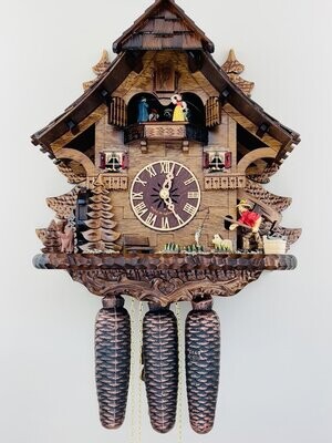 14" Eight Day Musical Cuckoo Clock Cottage - Fisherman Raises Pole and Moving Waterwheel