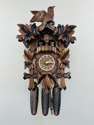 16" Eight Day Musical Cuckoo Clock with Dancers - Five Hand-carved Birds and Maple Leaves