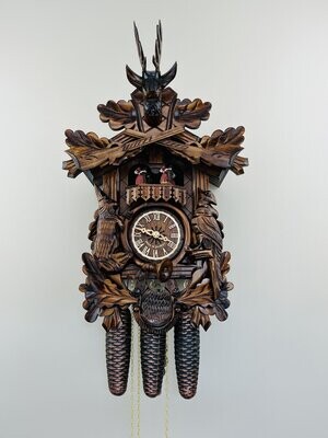 21" Eight Day Musical Hunter's Cuckoo Clock with Dancers - Hand-carved Live Animals, Leaves, and Buck