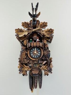 17" One Day Musical Hunter's Cuckoo Clock with Dancers, Hand-carved Animals, and Buck