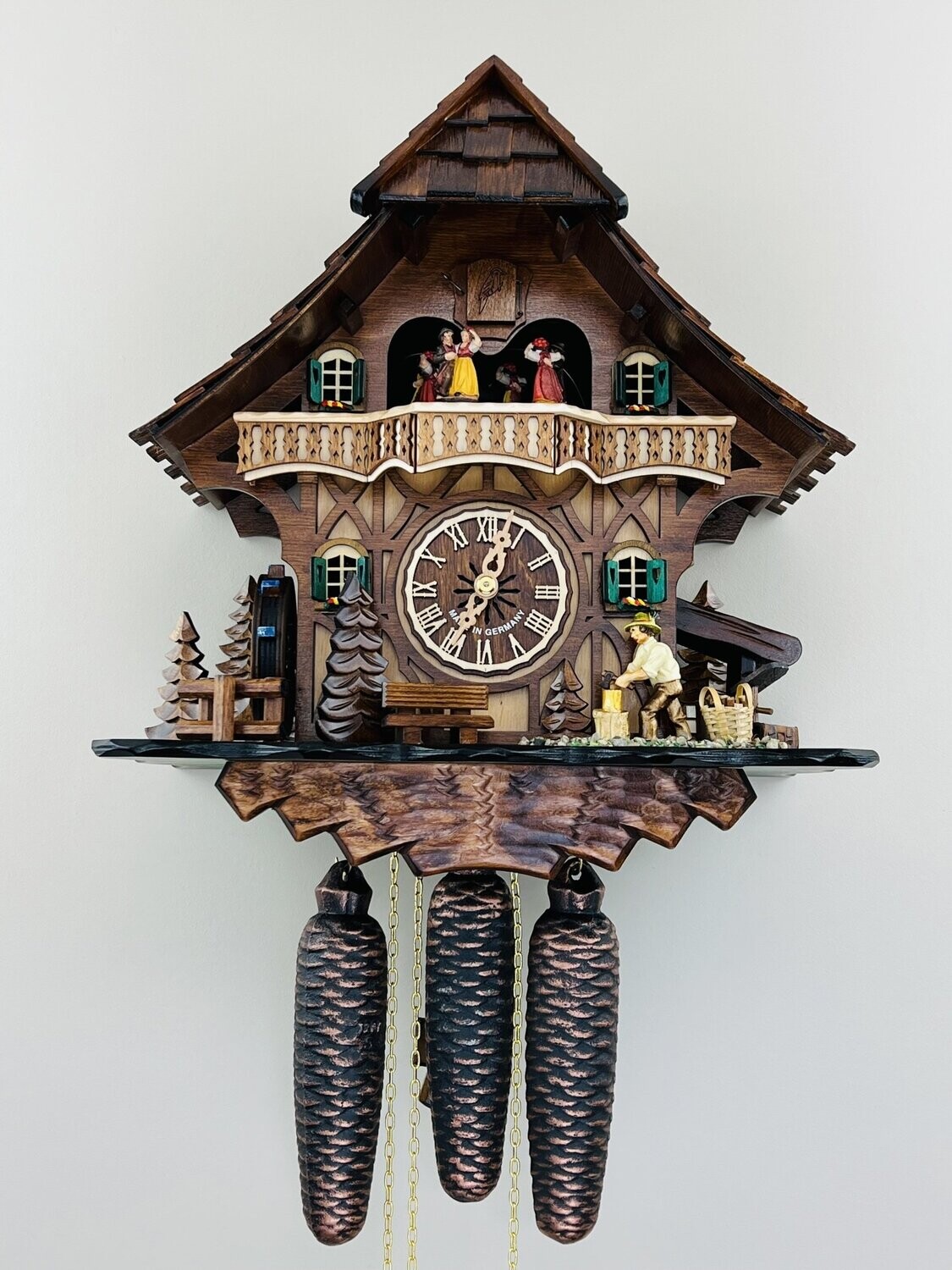 13" Eight Day Musical Cuckoo Clock Cottage with Woodchopper and Waterwheel