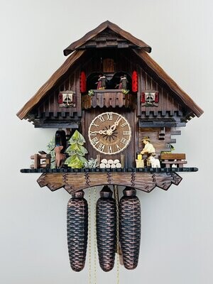 13" Eight Day Musical Cuckoo Clock Cottage with Man Chopping Wood and Moving Waterwheel